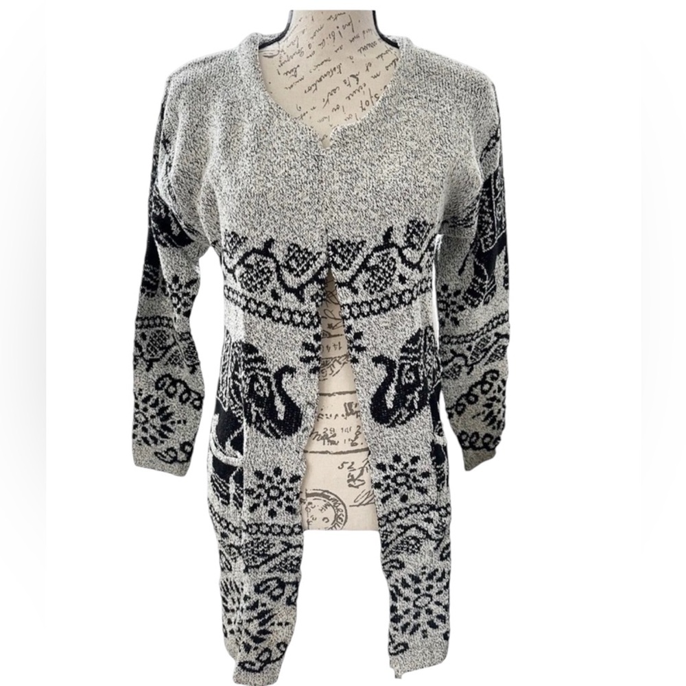Elephant Print Open Cardigan Sweater Grey Black Cotton Blend NWOT